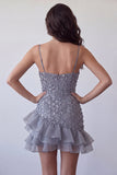 Bodycon w kolorze Dusty Lavender Floral Spaghetti Strips Krótka Sukienka na Homecoming z falbanami