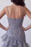 Bodycon w kolorze Dusty Lavender Floral Spaghetti Strips Krótka Sukienka na Homecoming z falbanami