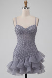 Bodycon w kolorze Dusty Lavender Floral Spaghetti Strips Krótka Sukienka na Homecoming z falbanami