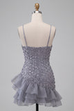 Bodycon w kolorze Dusty Lavender Floral Spaghetti Strips Krótka Sukienka na Homecoming z falbanami