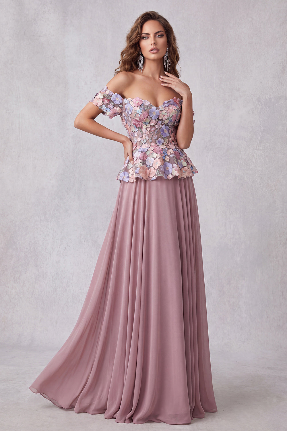 Vintage Mauve 3D Kwiatowe aplikacje A-linia z odsłoniętymi ramionami – formalna sukienka