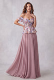 Vintage Mauve 3D Kwiatowe aplikacje A-linia z odsłoniętymi ramionami – formalna sukienka