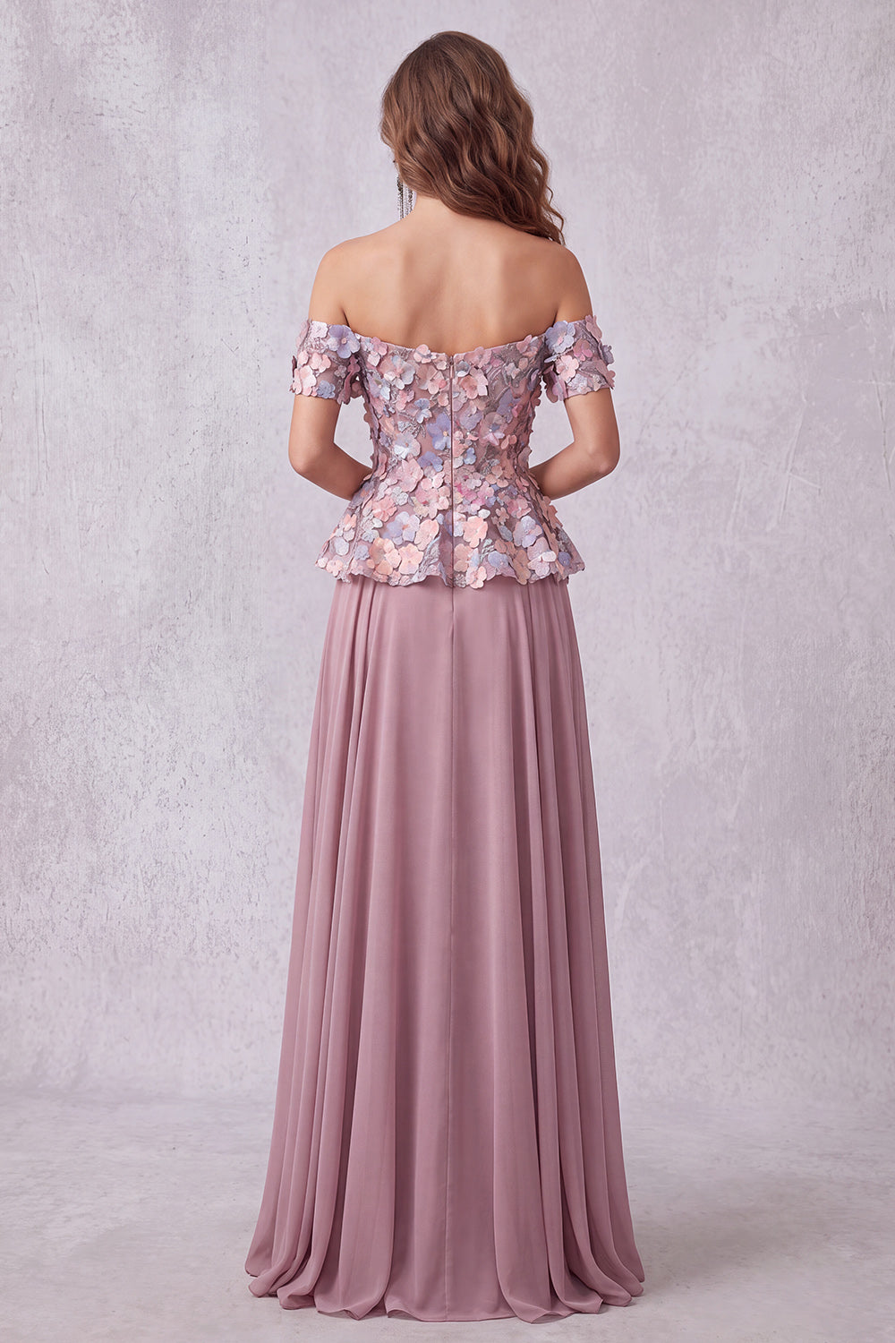 Vintage Mauve 3D Kwiatowe aplikacje A-linia z odsłoniętymi ramionami – formalna sukienka