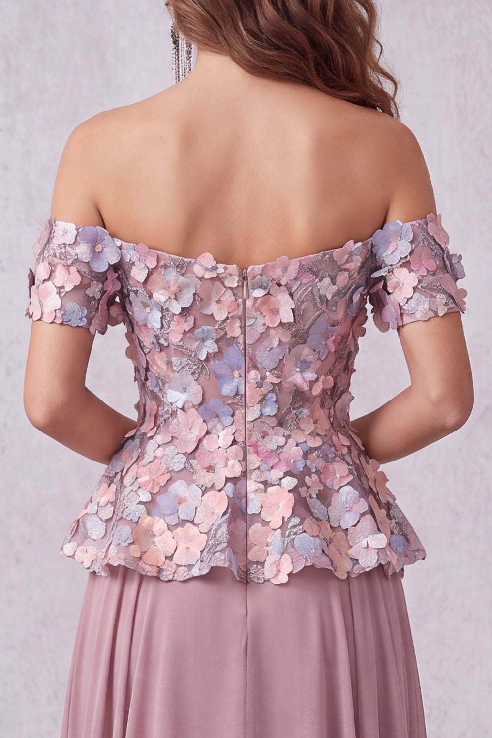 Vintage Mauve 3D Kwiatowe aplikacje A-linia z odsłoniętymi ramionami – formalna sukienka