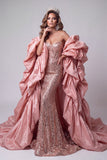 Sweetheart Pink Mermaid Corset, cekiny i długa sukienka konkursowa z falbanami