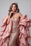 Sweetheart Pink Mermaid Corset, cekiny i długa sukienka konkursowa z falbanami