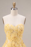 Żółta sukienka na powrót do domu w kształcie A-line z perłami z koralikami