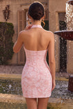 Różowa sukienka na balon z kwiatowym dekoltem na ramiona, bodycon z żargardowym szortem i suknią na powrót do domu