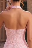 Różowa sukienka na balon z kwiatowym dekoltem na ramiona, bodycon z żargardowym szortem i suknią na powrót do domu