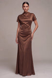Satin Coffee z wysokim kołnierzem, długa formalna sukienka Mermaid z krótkimi rękawami