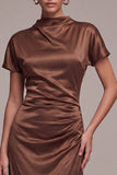 Satin Coffee z wysokim kołnierzem, długa formalna sukienka Mermaid z krótkimi rękawami