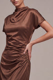 Satin Coffee z wysokim kołnierzem, długa formalna sukienka Mermaid z krótkimi rękawami
