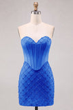 Sweetheart Blue Corset Bodycon z koralikami Krótka sukienka na homecoming