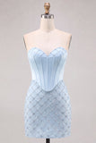 Sweetheart Blue Corset Bodycon z koralikami Krótka sukienka na homecoming