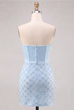 Sweetheart Blue Corset Bodycon z koralikami Krótka sukienka na homecoming