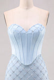 Sweetheart Blue Corset Bodycon z koralikami Krótka sukienka na homecoming