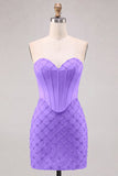 Sweetheart Blue Corset Bodycon z koralikami Krótka sukienka na homecoming