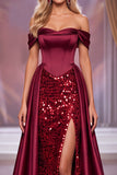 Bordowy gorset z pochwą na ramiona i sukienka na Maxi Pageant z rozcięciem