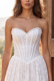 Długa sukienka na baby Bridal Shower bez ramiączek w kolorze kości słoniowej, kość słoniowa w kształcie perł, A-line Pearls