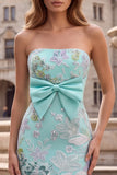 Długa sukienka na studniówkę w kolorze Mermaid Mint Green Kwiatowe, błyszcząca bez ramiączek z koralikami