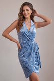 Slate Blue bodycon Halter Velvet Velvet Midi Homecoming z marszczkami i pasem