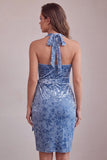 Slate Blue bodycon Halter Velvet Velvet Midi Homecoming z marszczkami i pasem