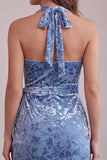 Slate Blue bodycon Halter Velvet Velvet Midi Homecoming z marszczkami i pasem