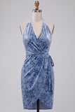 Slate Blue bodycon Halter Velvet Velvet Midi Homecoming z marszczkami i pasem