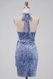 Slate Blue bodycon Halter Velvet Velvet Midi Homecoming z marszczkami i pasem