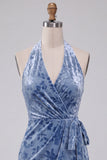 Slate Blue bodycon Halter Velvet Velvet Midi Homecoming z marszczkami i pasem