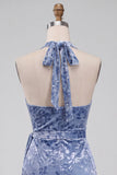 Slate Blue bodycon Halter Velvet Velvet Midi Homecoming z marszczkami i pasem