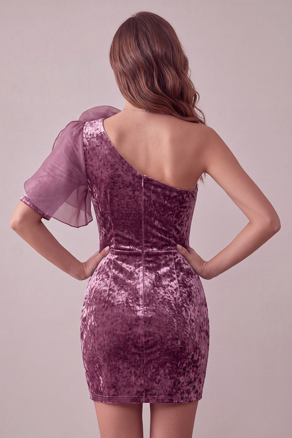 Vintage Mauve Krótkie Błyszcząca Na Jedno Ramię Sukienka Koktajlowa z Kwiatami 3D