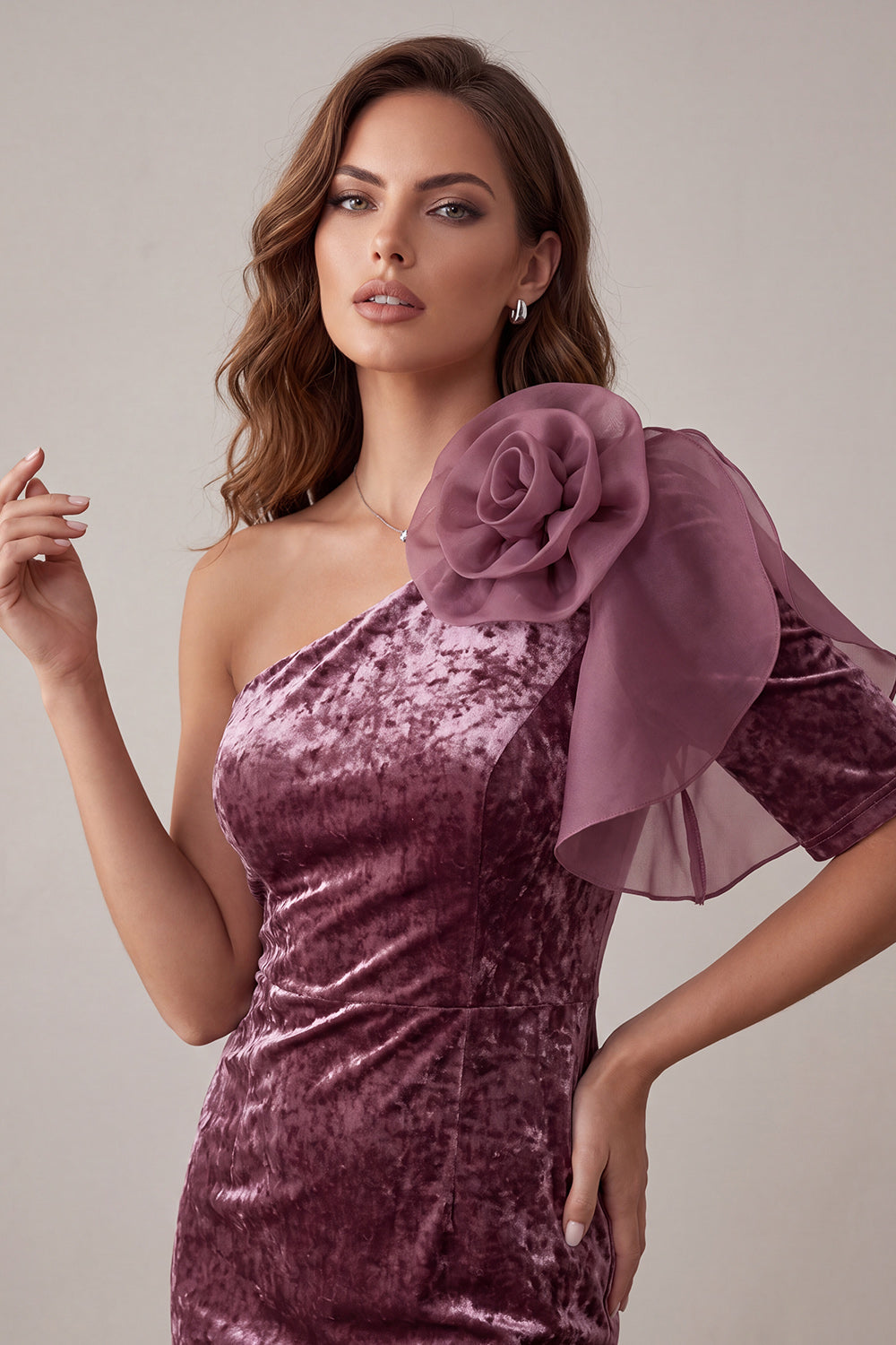 Vintage Mauve Krótkie Błyszcząca Na Jedno Ramię Sukienka Koktajlowa z Kwiatami 3D