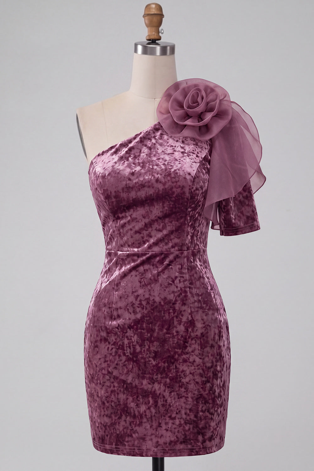 Vintage Mauve Krótkie Błyszcząca Na Jedno Ramię Sukienka Koktajlowa z Kwiatami 3D