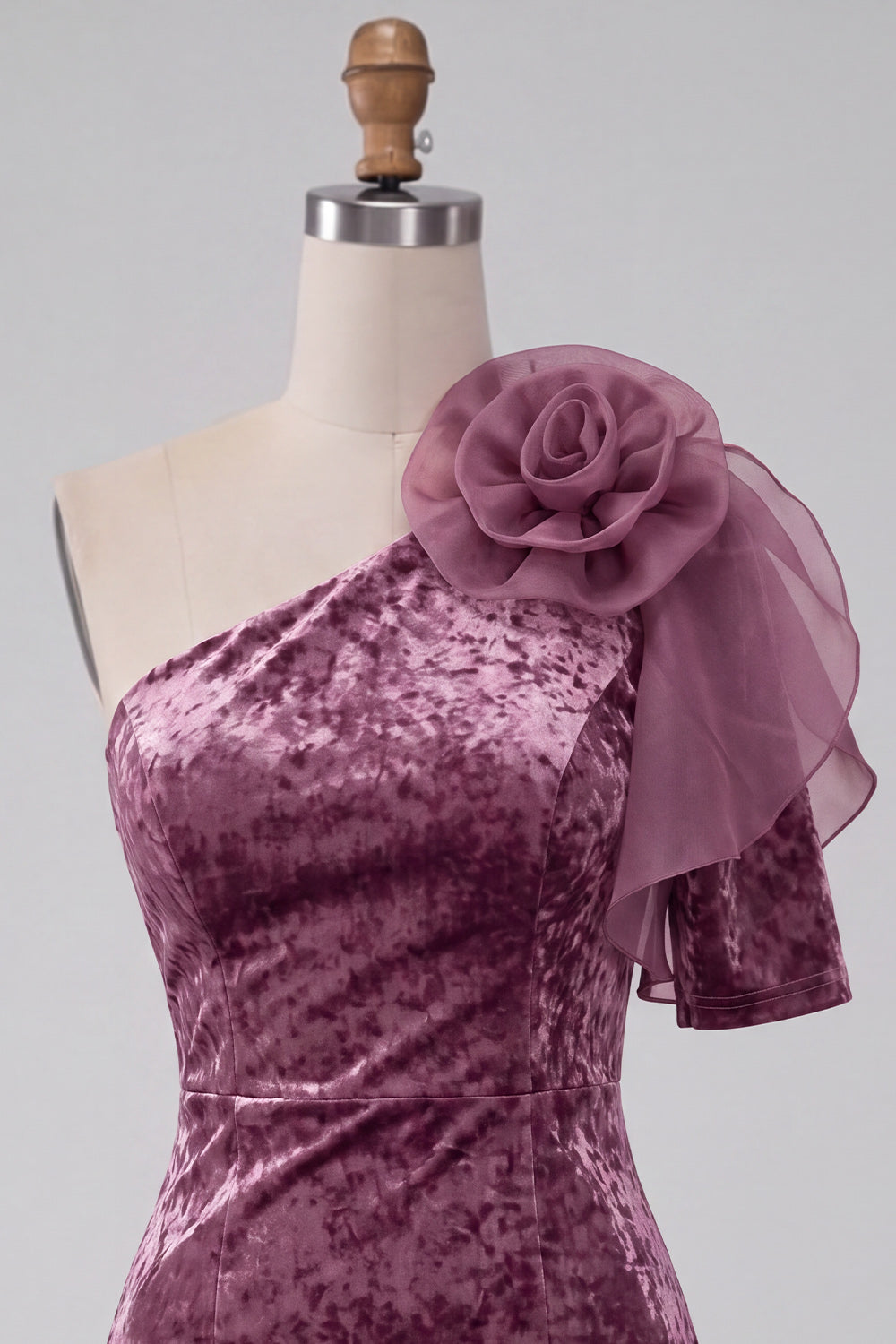 Vintage Mauve Krótkie Błyszcząca Na Jedno Ramię Sukienka Koktajlowa z Kwiatami 3D