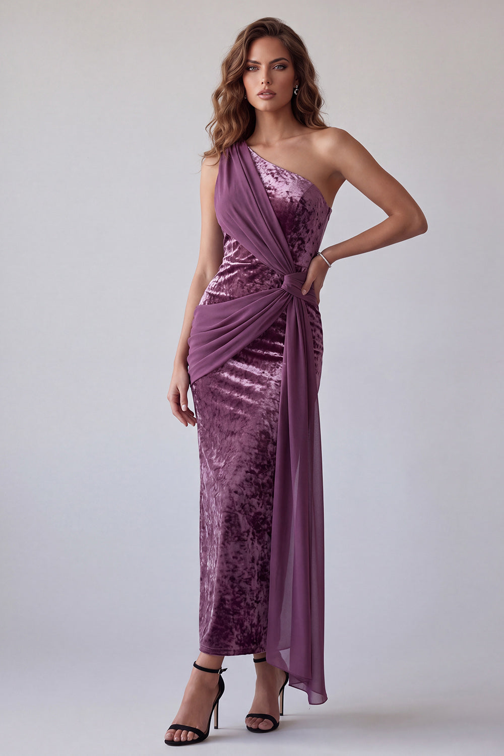 Vintage mauve aksamitna pochwa z jednym ramieniem i długą formalną sukienią