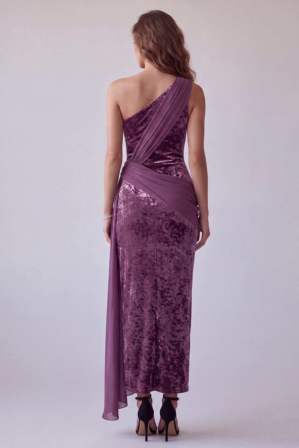 Vintage mauve aksamitna pochwa z jednym ramieniem i długą formalną sukienią