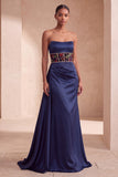Granatowy gorset, satynowa pochwa, kwiatowa, długa sukienka formalna bez ramiączek i marszczkami
