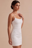 Kwiatowa Żakardowa Bodycur Spaghetti Strings Mini Little White Dress