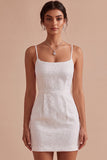 Kwiatowa Żakardowa Bodycur Spaghetti Strings Mini Little White Dress