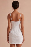 Kwiatowa Żakardowa Bodycur Spaghetti Strings Mini Little White Dress