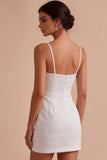 Kwiatowa Żakardowa Bodycur Spaghetti Strings Mini Little White Dress