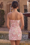 Różowy gorset z ramiączkami spaghetti – krótka sukienka na powrót do szkoły z aplikacjami
