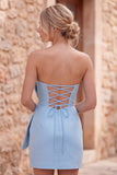 Królewskoniebieski bodycon, krótka sukienka na powrót do domu bez ramiączek z za dużą kokardą z przodu