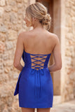 Królewskoniebieski bodycon, krótka sukienka na powrót do domu bez ramiączek z za dużą kokardą z przodu