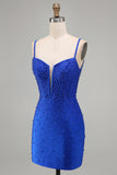 Gorset z Royal Blue Pearls – dopasowana krótka sukienka na homecoming z koralikami