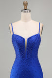 Gorset z Royal Blue Pearls – dopasowana krótka sukienka na homecoming z koralikami