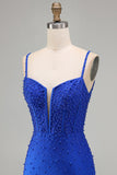 Gorset z Royal Blue Pearls – dopasowana krótka sukienka na homecoming z koralikami