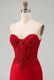 Czerwona bodycon bez ramiączek z cekinowym gorsetem – krótka sukienka na powrót do domu z koronką