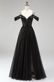 Cold Shoulder Black A-Line z cekinami z cekinami – długa sukienka na studniówkę z rozcięciem